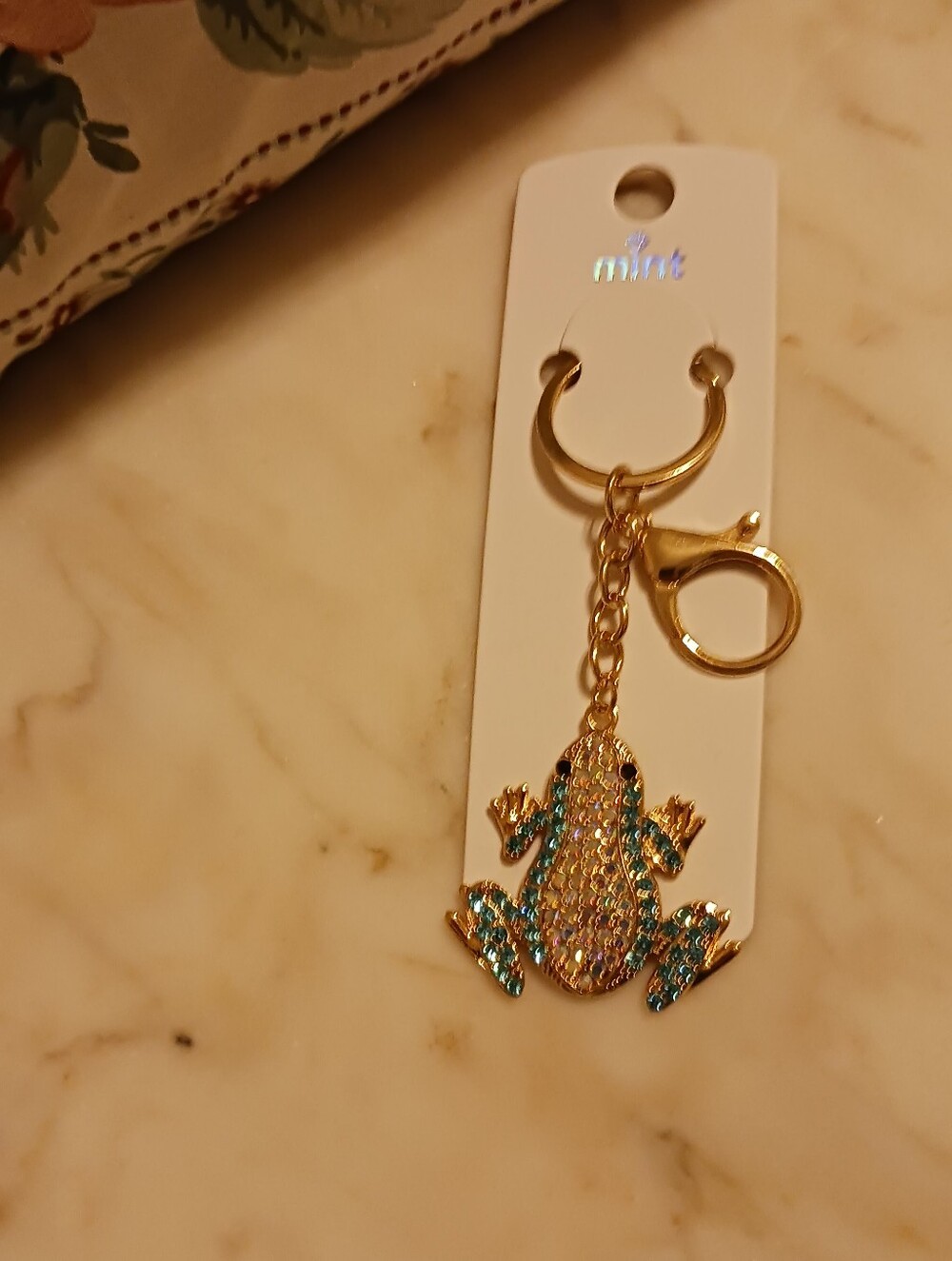 NIP Mint Rhinestone Green Frog Bag Charm, Goldtone Key Chain